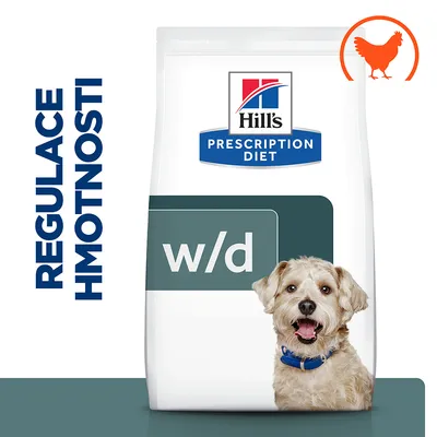 Hill's Prescription Diet w/d, nápis REGULACE HMOTNOSTI, silueta kuřete v oranžovém kruhu, část psa viditelná na obalu.