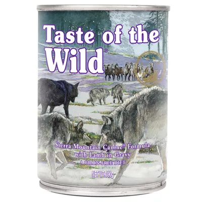 Taste of the Wild Sierra Mountain Canine Formula с агнешко в сос, беззърнесто, нетно тегло 390 г.