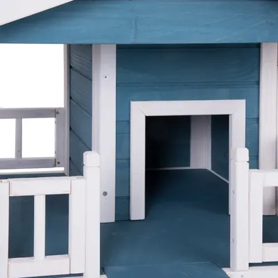 Ingresso di una cuccia per animali in legno verniciato blu con dettagli bianchi, veranda e recinzione frontale visibili.