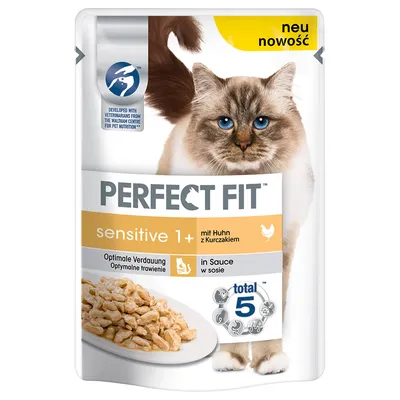Perfect Fit Sensitive 1+ con pollo en salsa. Digestión óptima. Desarrollado con veterinarios del Waltham Centre for Pet Nutrition. Total 5 protección de la salud.