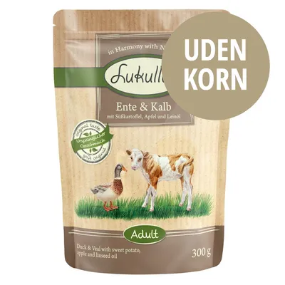 Lukullus Ente & Kalb, uden korn, med sød kartoffel, æble og hørfrøolie. Adult. 300 g. Original taste. Duck & Veal with sweet potato, apple and linseed oil.