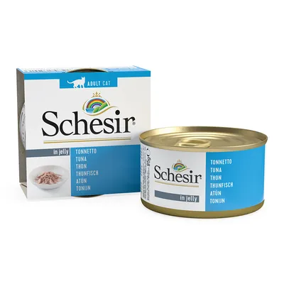 Schesir in jelly pour chat adulte, thon, boîte 85 g et emballage avec texte multilingue : tonnetto, tuna, thon, thunfisch, atún, tonijn. Image de thon en gelée sur l’emballage.