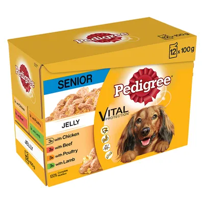 Pedigree SENIOR Vital Protection hundemad i gelé, 12 x 100 g. 3x med kylling, 3x med oksekød, 3x med fjerkræ, 3x med lam. Billede af hund og synlig tekst: Jelly, 100 % Complete Nutrition.