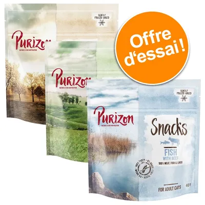Trois sachets Purizon, dont un marqué Snacks Fish with Beef 100 % meat, fish & liver, pour chats adultes 40 g. Cercle orange avec texte : Offre d’essai !
