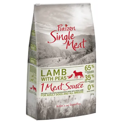 Purizon Single Meat Lamb med ærter, 65% animalske ingredienser, 35% grøntsager og urter, 0% korn. Til voksne hunde af alle racer. 12 kg pakke.