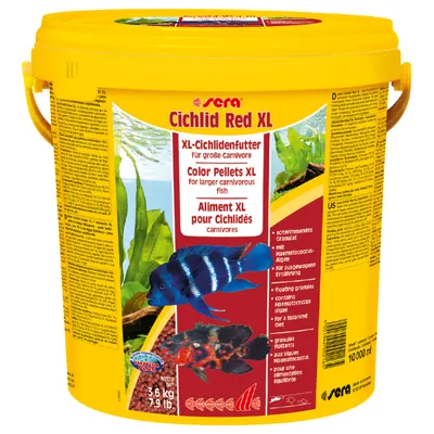 Sera Cichlid Red XL, 3,6 kg vödör, színes granulátum ragadozó sügéreknek. Felirat: Color Pellets XL for larger carnivorous fish. Nettó tömeg: 3,6 kg / 7,9 lb, 10 000 ml.