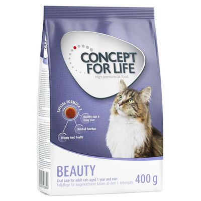 Concept for Life Beauty kattenvoer, 400 g. Special Formula X: healthy skin & shiny coat, hairball function, urinary tract health. Voor volwassen katten vanaf 1 jaar. Engelstalige tekst zichtbaar.