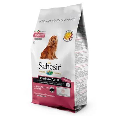 Schesir Nature for Dog Medium Adult med prosciutto og biotin, formuleret med kun animalsk protein. Tekst: with natural ingredients, antioxidant action, animal protein as 1st ingredient.