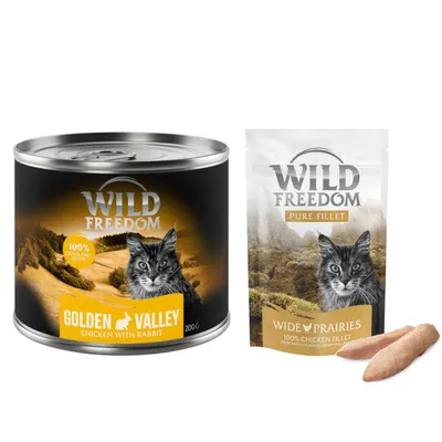 Wild Freedom Kombi-Paket: Adult Nassfutter + Filet Snacks - 24 x 200 g Golden Valley: Kaninchen & Huhn + 3 x 100 g Hühnerfilet