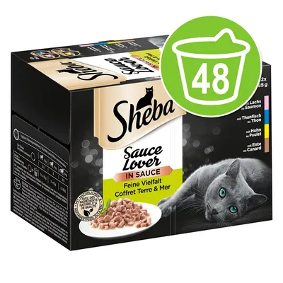 Embalagem Sheba Sauce Lover In Sauce, Feine Vielfalt Coffret Terre & Mer, 48 saquetas. Imagem de um prato com comida húmida para gato e gato cinzento. Textos em alemão e francês visíveis.