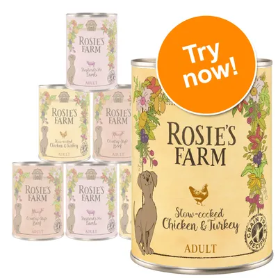 Rosie’s Farm Adult dog food tins, visible flavours include Slow-cooked Chicken & Turkey, Shepherd’s Pie Lamb, Country Style Beef. Large orange badge reads Try now! Rosie’s Farm Adult dog food tins, visible flavours include Slow-cooked Chicken & Turkey, Shepherd’s Pie Lamb, Country Style Beef. Large orange badge reads Try now!