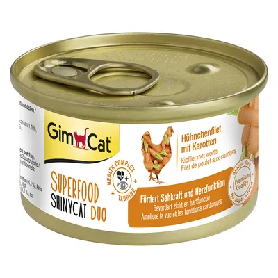 GimCat Superfood ShinyCat Duo, filetto di pollo con carote, favorisce vista e funzione cardiaca, senza glutine, qualità premium, senza zuccheri aggiunti.
