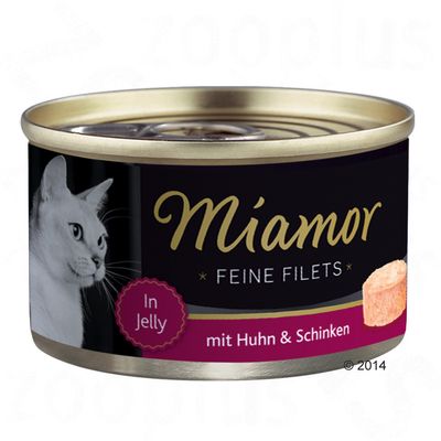 Lata de Miamor Feine Filets, In Jelly, mit Huhn & Schinken. Imagen de un gato blanco y trozo de filete en la etiqueta.