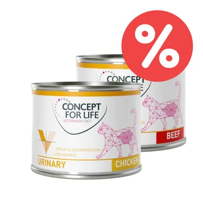 Concept for Life Veterinary Diet Katzenfutter in Dosen, Sorten Urinary Chicken und Beef. Struvite Decomposition, Low-Mineral. Prozent-Symbol für Rabattaktion sichtbar.