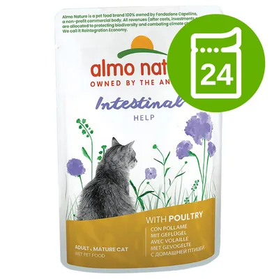 Almo Nature Intestinal Help, mokra karma dla dorosłych kotów z drobiem, opakowanie 24 sztuki widoczne na zielonej ikonie. Widoczny kot i kwiaty na opakowaniu.