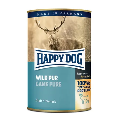 HAPPY DOG Wild Pur Game Pure dog food tin, Made in Germany, Supreme Sensible, 100% tierisches Protein, image of a stag, text also in French and Spanish: Gibier, Venado