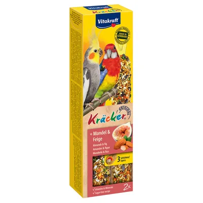 Vitakraft Kräcker Original amande & figue pour oiseaux, 2x, vitamines et minéraux, recette sans sucre, 3 couches, Made in Germany. Texte en anglais, allemand, français, italien.
