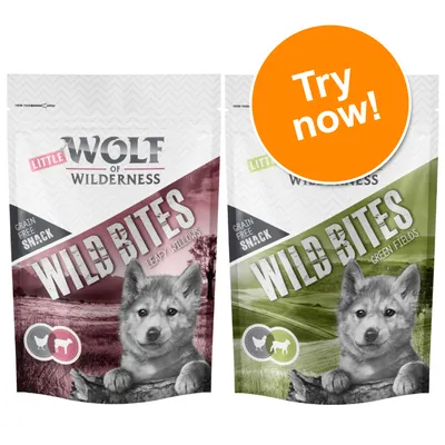 Little Wolf of Wilderness Wild Bites dog snack packs, flavours Leafy Willows and Green Fields, grain free. Large orange badge with white text: Try now!