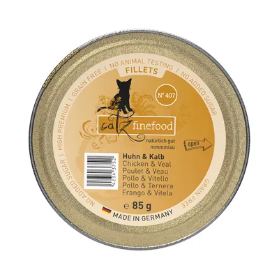 Catz Finefood Fillets No. 407, chicken & veal, 85g. Made in Germany, no added sugar, grain-free, no animal testing.