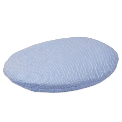 Rundes, blaues Kissen mit weissen Punkten. Geeignet als Zubehör für Haustiere oder Dekoration.