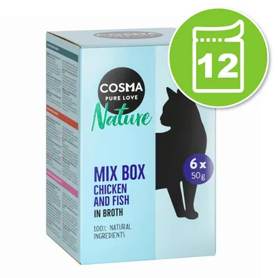 Cosma Nature Mix Box Chicken and Fish in Broth, 6 x 50 g, 100% natural ingredients. Icône verte avec boîte et chiffre 12 en haut à droite. Cosma Nature Mix Box Chicken and Fish in Broth, 6 x 50 g, 100% natural ingredients. Icône verte avec boîte et chiffre 12 en haut à droite.