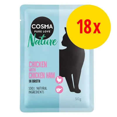 COSMA PURE LOVE Nature CHICKEN WITH CHICKEN HAM IN BROTH, 100% NATURAL INGREDIENTS, 50 g. Pakke med 18 stk. Silhuet af kat på emballagen.