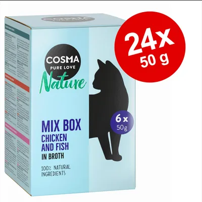 Cosma Nature Mix Box Chicken and Fish in Broth, 24x50 g, 100% natural ingredients. Förpackning med siluett av katt och texten 6x50g på framsidan.