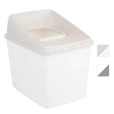 Weisse Katzentoilette mit abnehmbarem Deckel und integriertem Sieb, zwei Farboptionen: Beige und Grau.