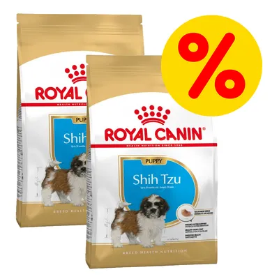 Dwa opakowania karmy Royal Canin Puppy Shih Tzu z widocznym symbolem procentowym, sugerującym ofertę promocyjną. Na opakowaniu zdjęcie szczeniaka rasy Shih Tzu.