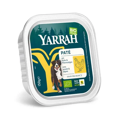 Barquette Yarrah BIO ORGANIC, pâté avec poulet et algues, 150 g. Texte visible : grain-free recipe, NL-BIO-01, Beter Leven. Illustration de chien et poule.