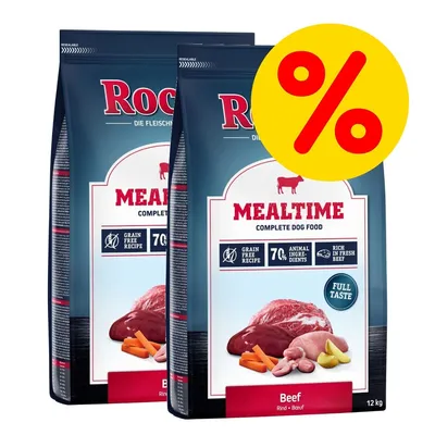 Rocco Mealtime Complete Dog Food, Rind, 12 kg. Grain Free Recipe, 70% tierische Zutaten, reich an frischem Rindfleisch. Angebot mit gelbem Prozentzeichen.