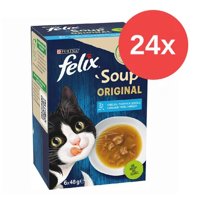 Purina Felix Soup Original, 24x Packung mit Kabeljau, Thunfisch und Scholle. Ohne Farbstoffe und ohne Konservierungsstoffe. 6x48g Portionsbeutel. Purina Felix Soup Original, 24x Packung mit Kabeljau, Thunfisch und Scholle. Ohne Farbstoffe und ohne Konservierungsstoffe. 6x48g Portionsbeutel.