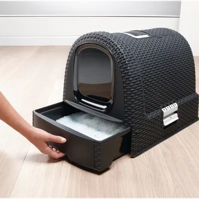 Toilette nera per gatti con cassetto estraibile, riempita di lettiera. Una mano estrae il cassetto. Superficie strutturata e chiusura visibili.