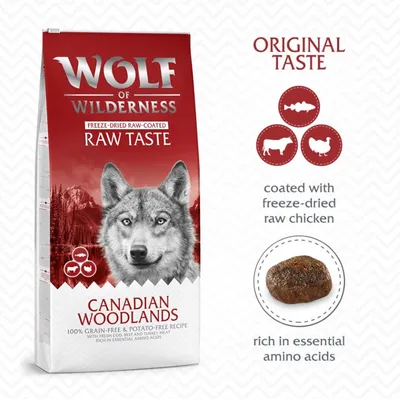 Wolf of Wilderness Canadian Woodlands dry food, grain-free and potato-free, with freeze-dried raw chicken coating and rich in essential amino acids. Original taste with fish, beef, and chicken. Wolf of Wilderness Canadian Woodlands dry food, grain-free and potato-free, with freeze-dried raw chicken coating and rich in essential amino acids. Original taste with fish, beef, and chicken.