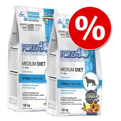 Due sacchi Forza10 Nutraceutic Medium Diet al Pesce 12 kg per cani 11–35 kg, intolleranze alimentari, con alga rossa, maitake, aloe, melograno, papaya, ginseng, ananas. Simbolo percentuale rosso.