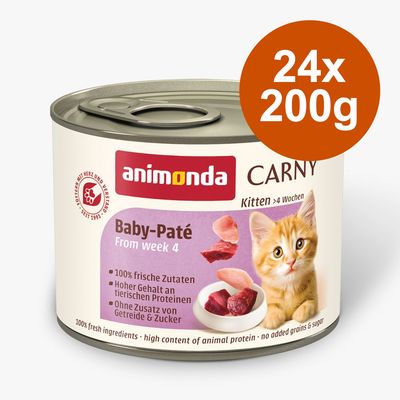 animonda Carny Baby-Paté Kitten alkaen 4 viikkoa, 24 x 200 g. 100 % tuoreita ainesosia, korkea eläinproteiinipitoisuus, ilman lisättyä viljaa ja sokeria.