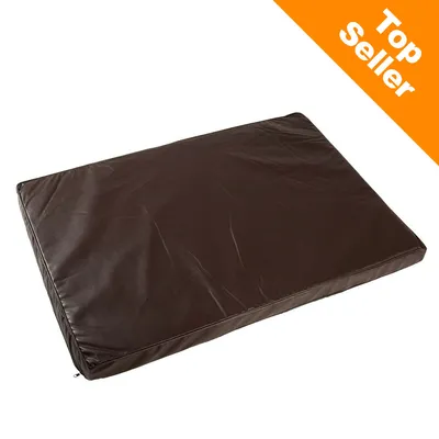 Cuscino rettangolare marrone in similpelle per animali, angolo arancione con testo 'Top Seller' in inglese.