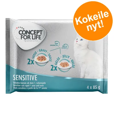 CONCEPT FOR LIFE Sensitive kissan märkäruoka, 4 x 85 g. Pakkaus sisältää 2 annosta kastikkeessa ja 2 hyytelössä. Oranssi merkki: Kokeile nyt!
