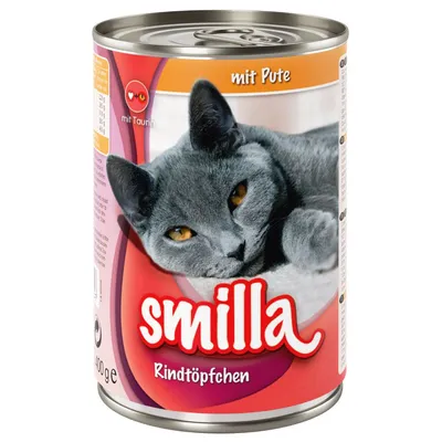 Boîte de nourriture pour chat Smilla Rindtöpfchen, texte visible : mit Pute, mit Taurin, 400 g. Image d’un chat gris sur l’étiquette. Texte en allemand.