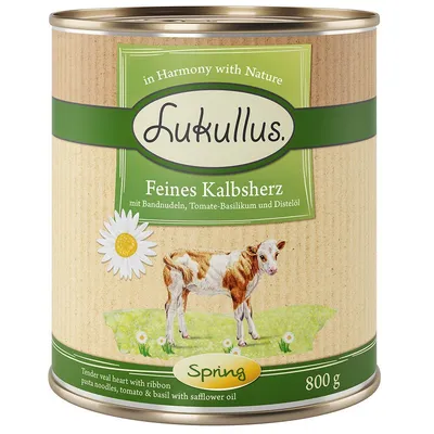 Puszka Lukullus Feines Kalbsherz Spring 800 g, widoczny cielak i napis: Tender veal heart with ribbon pasta noodles, tomato & basil with safflower oil.