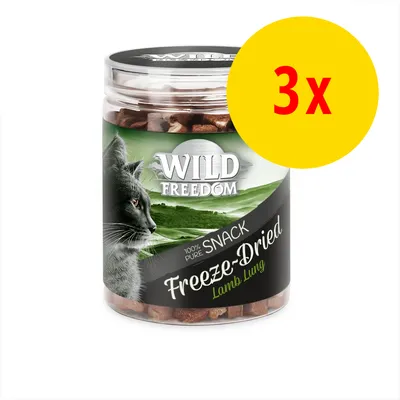 Wild Freedom Freeze-Dried Lamb Lung kattgodis, 100 % pure snack. Förpackning med 3x synligt på gul cirkel.