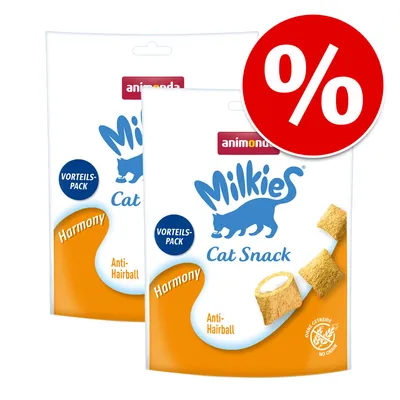 Dvě balení animonda Milkies Cat Snack Harmony Anti-Hairball, nápisy VORTEILS-PACK, Ohne Getreide No Grain a velký symbol procenta v červeném kruhu. Dvě balení animonda Milkies Cat Snack Harmony Anti-Hairball, nápisy VORTEILS-PACK, Ohne Getreide No Grain a velký symbol procenta v červeném kruhu.