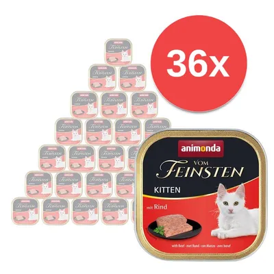 36x Animonda Vom Feinsten Kitten mit Rind, zobrazeno balení kapsiček s obrázkem koťete a hovězího masa na obalu.