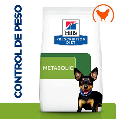 Hill's Prescription Diet Metabolic, control de peso, imagen de perro y símbolo de pollo en la esquina superior derecha. Texto visible: METABOLIC.