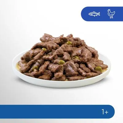 Bord met natvoer in saus, zichtbaar stukjes vlees en erwten. Pictogrammen van vis en kip, leeftijdsaanduiding 1+ rechts onderaan.