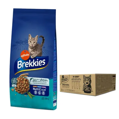 SÆRPRIS! Få rabat på 15 kg Brekkies + 80 x 85 g Daily Delice Adult Cat - Complete + Mixpakke i sauce
