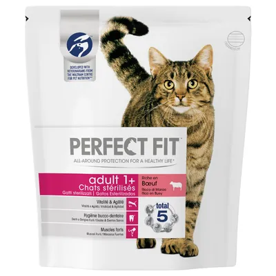 Perfect Fit adult 1+ kattenvoer voor gesteriliseerde katten, rijk aan rund. Vitaliteit & agility, hygiëne bucco-dentaire, sterke spieren. Total 5. Ontwikkeld met Waltham Centre dierenartsen.