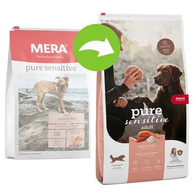 MERA pure sensitive adult Lachs & Reis hundefoder, to pakker med forskelligt design. Synlig tekst: Single Protein, Ideal für sensible Hunde, Made in Germany. MERA pure sensitive adult Lachs & Reis hundefoder, to pakker med forskelligt design. Synlig tekst: Single Protein, Ideal für sensible Hunde, Made in Germany.