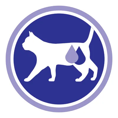 White cat silhouette with two purple water drop shapes on body, inside a blue and light purple circle