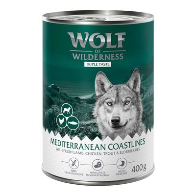 Wolf of Wilderness The Taste of the Mediterranean, 100% grain-free recipe, 400 g. Widoczna grafika psa i symbole składników na puszce.